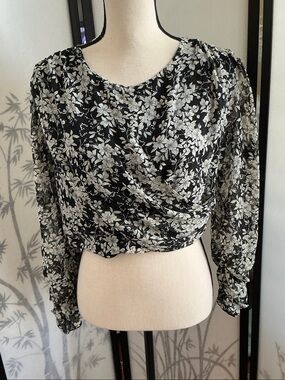 Zara Black and White Floral Wrap Blouse